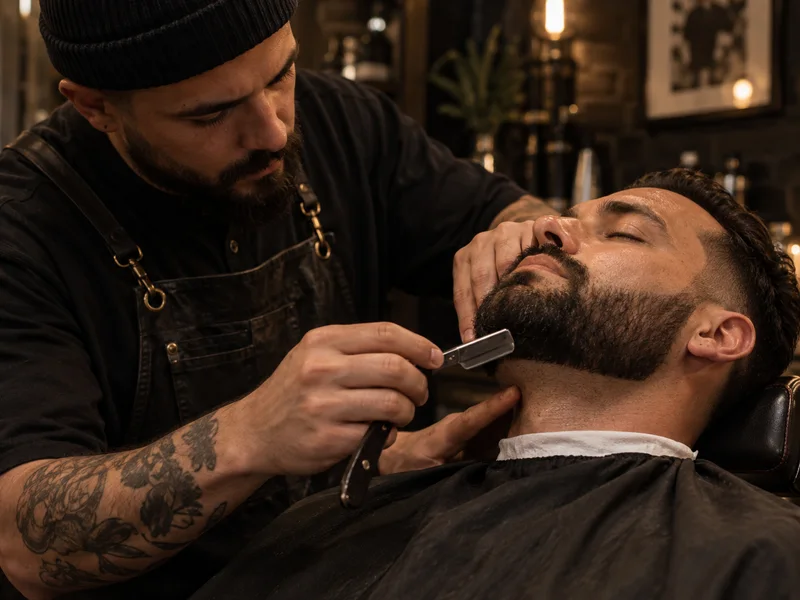 Barber lining up a beard with a straight razor