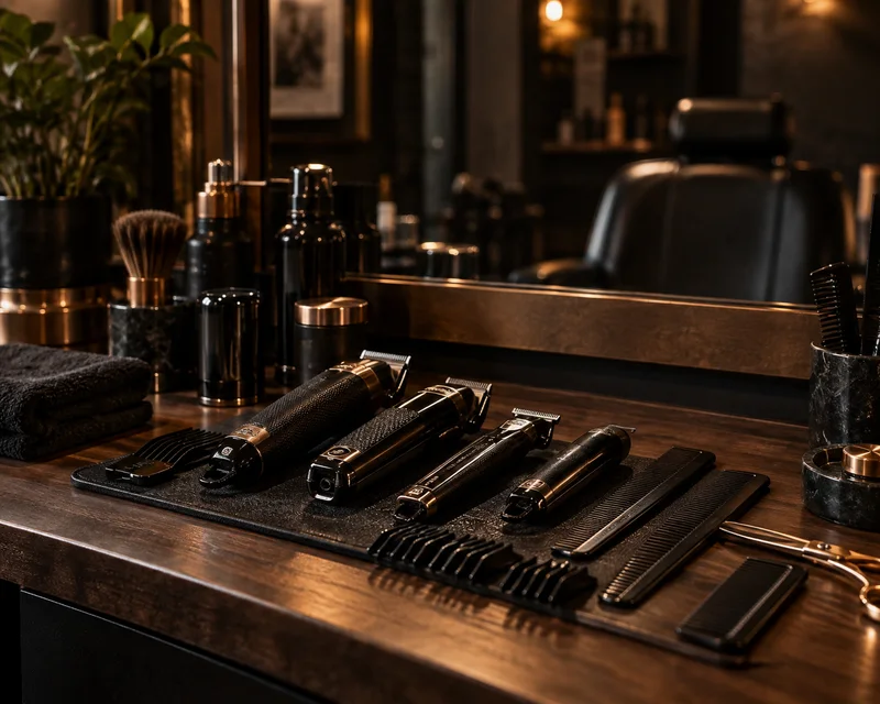 Close-up of clippers and combs on the station