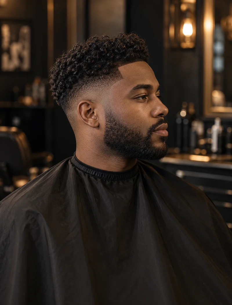 Curly top with a taper fade